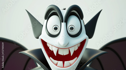 A charming and friendly 3D illustration of a beaming vampire  with his fangs peeking through a playful grin. This close-up portrait showcases his pale complexion  pointy ears  and expressive
