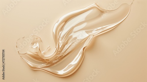 Smooth wavy transparent liquid texture on pastel beige background. Beauty product banner, serum, cream or moisturiser