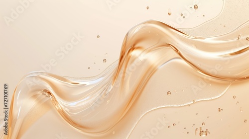 Smooth wavy transparent liquid texture on pastel beige background. Beauty product banner, serum, cream or moisturiser photo