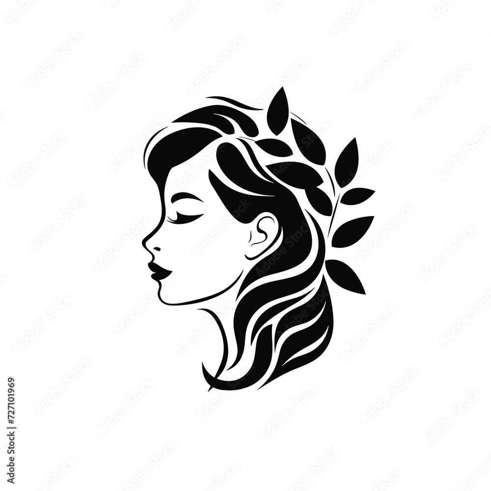 woman head silhouette with leaves, isolated vector design, icon style