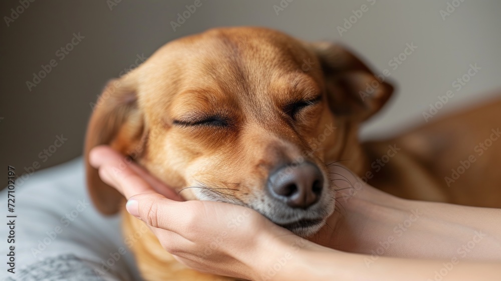 Sleepy dog puppy takes a rest on hands and white pillow