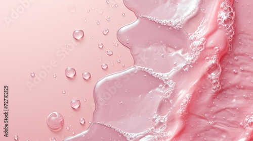 Smooth wavy transparent liquid texture on pastel pink background. Beauty product banner, serum, cream or moisturiser