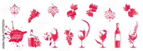 Colorful wine designs - Collection of wine glasses. Sketch vector illustration. Elements for invitation cards, advertising banners and menus. Wine glasses with splashing wine and plants.