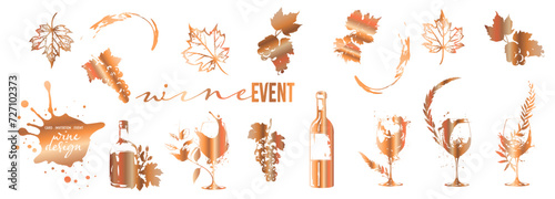 Colorful wine designs - Collection of wine glasses. Sketch vector illustration. Elements for invitation cards, advertising banners and menus. Wine glasses with splashing wine and plants.