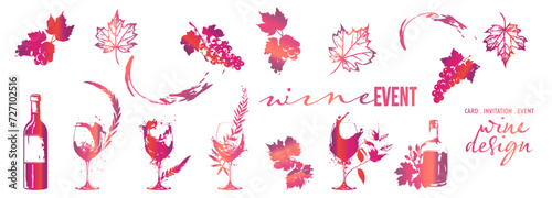 Colorful wine designs - Collection of wine glasses. Sketch vector illustration. Elements for invitation cards, advertising banners and menus. Wine glasses with splashing wine and plants.