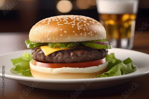 Cheeseburger with Lettuce, Tomato, Onion, Pickles on Sesame Seed Bun, Fries and Beer