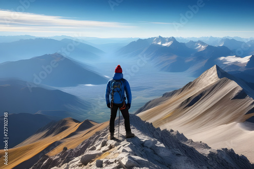 Hiker enjoying the view at the summit of a mountain on a clear day