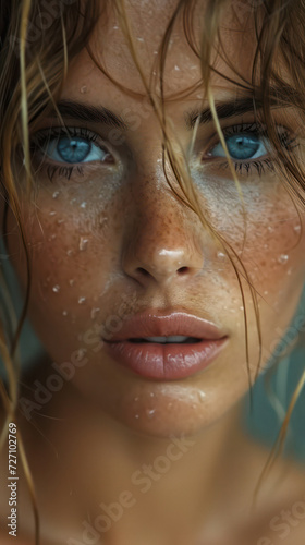 Freckled Beauty: A Pensive, Sad Portrait of a Young Caucasian Woman with Wet Hair and Gorgeous Blue Eyes, Expressing Melancholy on a White Studio Background