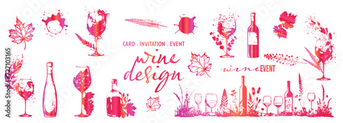 Colorful wine designs - Collection of wine glasses. Sketch vector illustration. Elements for invitation cards, advertising banners and menus. Wine glasses with splashing wine and plants.