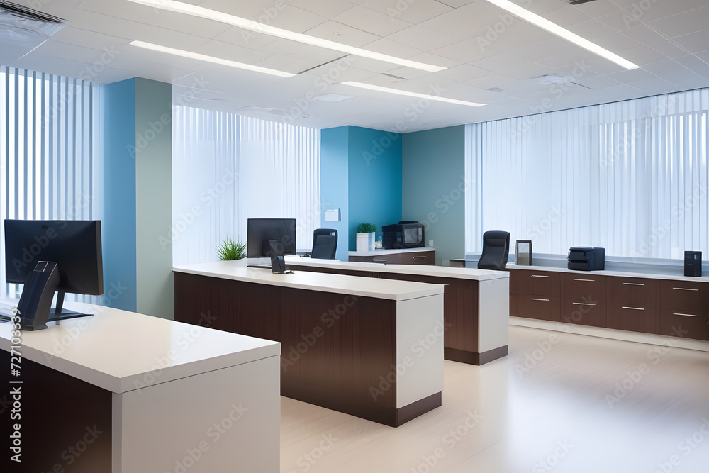 Desks and chairs in a modern office space with blue and white walls and large windows. Desks and chairs in a modern office space with blue and white walls and large windows.