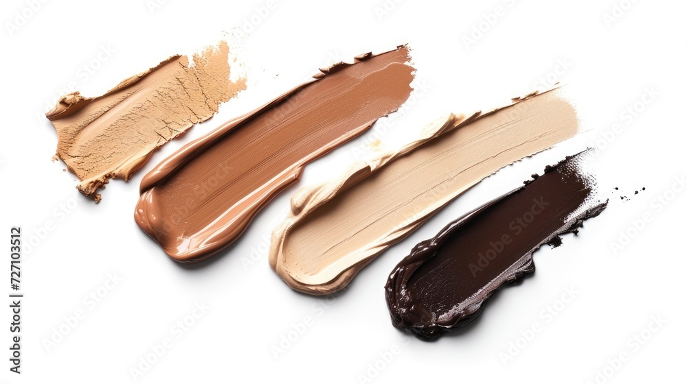 Different samples of make up of liquid foundation or concealer with vary skin tones isolated on white background. Beauty product swatches Different samples of make up of liquid foundation or concealer with vary skin tones isolated on white background. Beauty product swatches