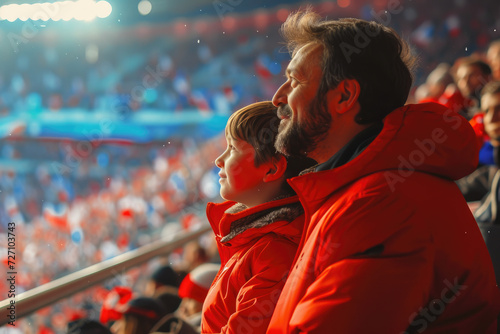 father and son in stands, filled with enthusiastic supporters football team to support national sports team
