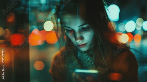 A woman scrolling through social media, her heart sinking deeper into despair as she compares herself to others, exacerbating her social anxiety.