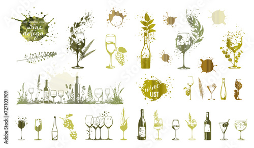 Colorful wine designs - Collection of wine glasses. Sketch vector illustration. Elements for invitation cards, advertising banners and menus. Wine glasses with splashing wine and plants.