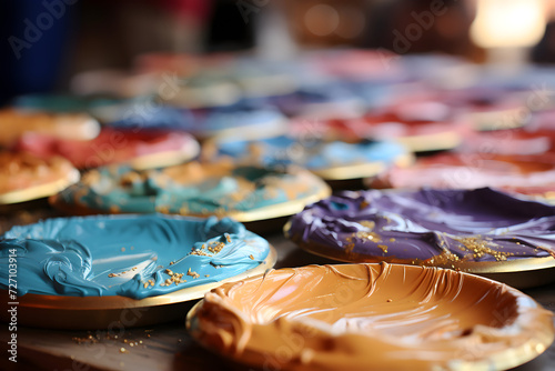 Many different colors of paint on table in paint shop  closeup