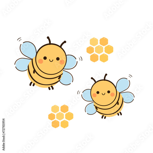 Beehive honey sign with hexagon grid cells and bee cartoons isolated on white background. Bee logo sign vector.