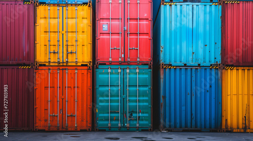 Stacked cargo containers painted in vibrant hues bring a captivating pop of color and urban charm. Perfect for representing industrial innovation, sustainable architecture, and creative adap photo