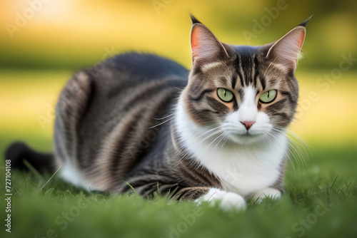 A cute cat is resting in the green grass outside. The cat has big green eyes and a white belly.