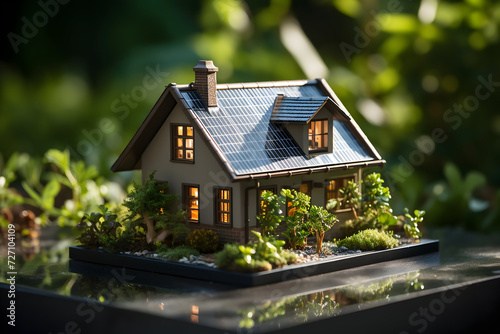 Miniature model of a house with a solar panel on the roof