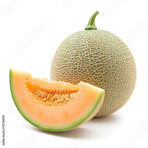 Whole cantaloupe melon with a fresh wedge cut out, isolated on white background.