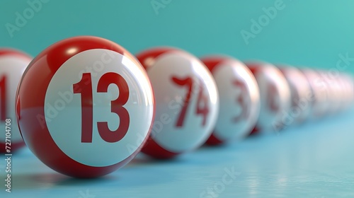 Close up of white lottery balls on pastel background, with focus on lucky number 13