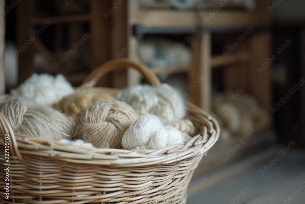 A cane or wicker basket of beige and white bales of Merino wool used for knitting.
