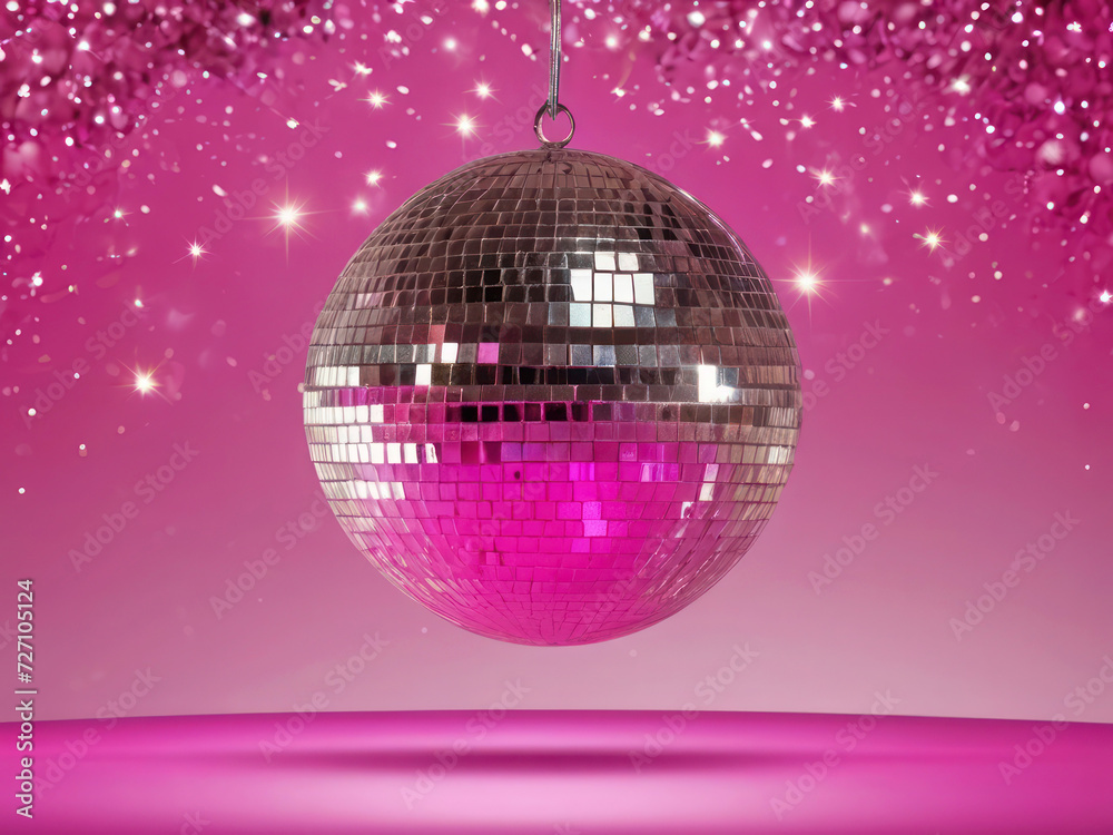 Fototapeta premium Sparkling disco ball on a bright pink background. Glare, reflections and neon light, fuchsia. Disco, party.