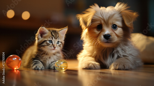 A cute kitten is playing on the floor with puppy  generative AI
