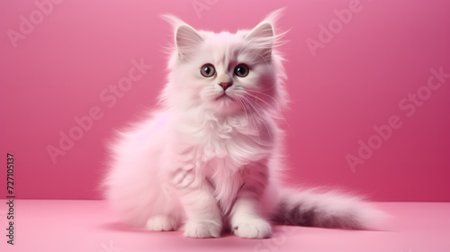 A cute white kitten on a pink background, generative AI