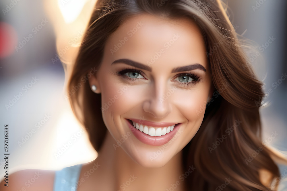 Smiling woman in casual clothing with perfect teeth in natural setting. Smiling woman in casual clothing with perfect teeth in natural setting.