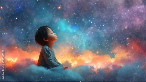 Cute relaxing meditation baby or child on outer space and cloud background. Seamless loop lullaby animation photo