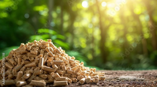 Stacked biomass wood pellets pile with blurred background and copy space for text placement