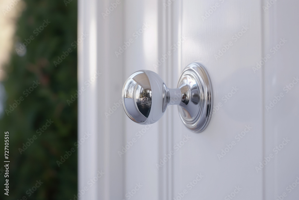 A sleek, modern, chrome doorknob on a white painted door. Hamptons style architecture. A sleek, modern, chrome doorknob on a white painted door. Hamptons style architecture.