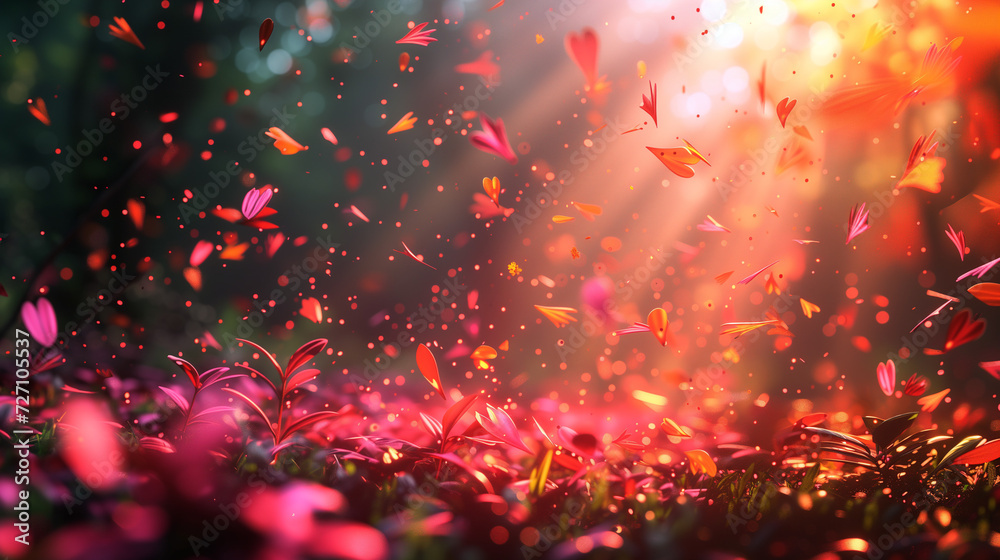 Background with pink leaves and sun rays