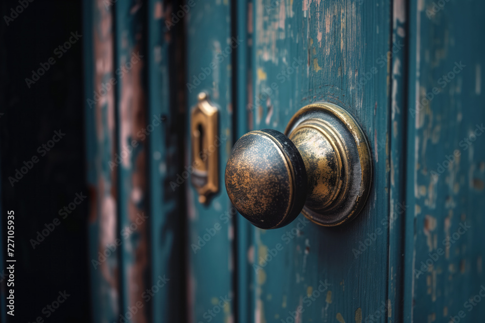 A rustic, brass, vintage doorknob with a brass lock on an old, weathered wooden door with lots of patina. - obrazy, fototapety, plakaty 