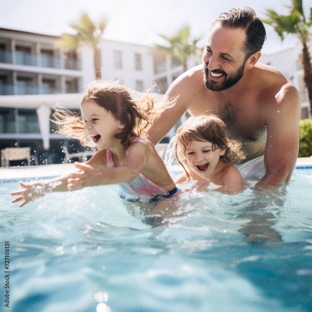 lifestyle photo family playing in hotel pool. lifestyle photo family playing in hotel pool.