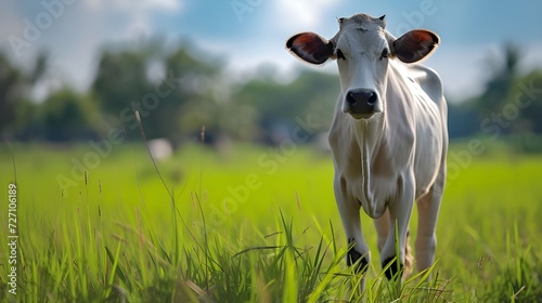 cow in the green field  space for text
