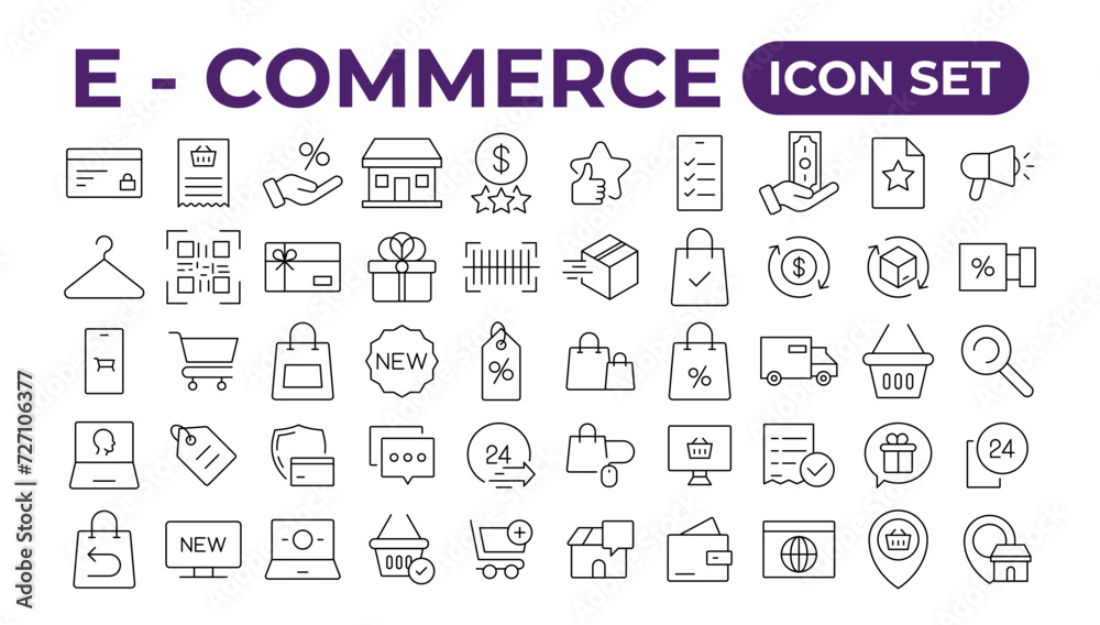 E-Commerce set of web icons in line style. Online shopping icons for web and mobile app. business, mobile shop, digital marketing, bank card, vector illustration.