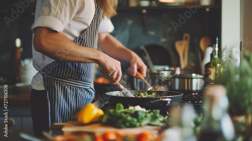 Two people passionately cooking together in a harmonious dance of flavors, creating a bond through their shared love for food.