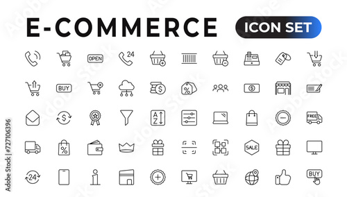 "E-Commerce set of web icons in line style. .Online shopping icons for web and mobile app. .Business, mobile shop, digital marketing, bank card, .gifts, sale, delivery. .Vector illustration"