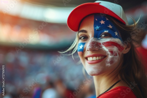 Happy beautiful American woman supporter with face painted in America flag colors, red and white, at a sports event