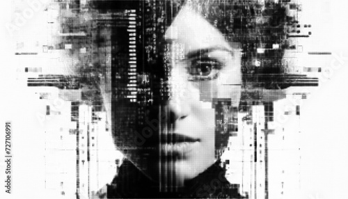 Halftone vector montage of a synthetic female face combined with abstract fractals and other graphic elements.