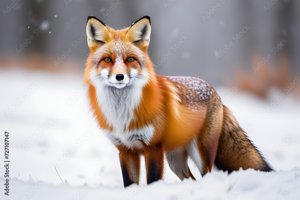 A majestic red fox stands in the snow, its fur glistening in the sunlight. A majestic red fox stands in the snow, its fur glistening in the sunlight.