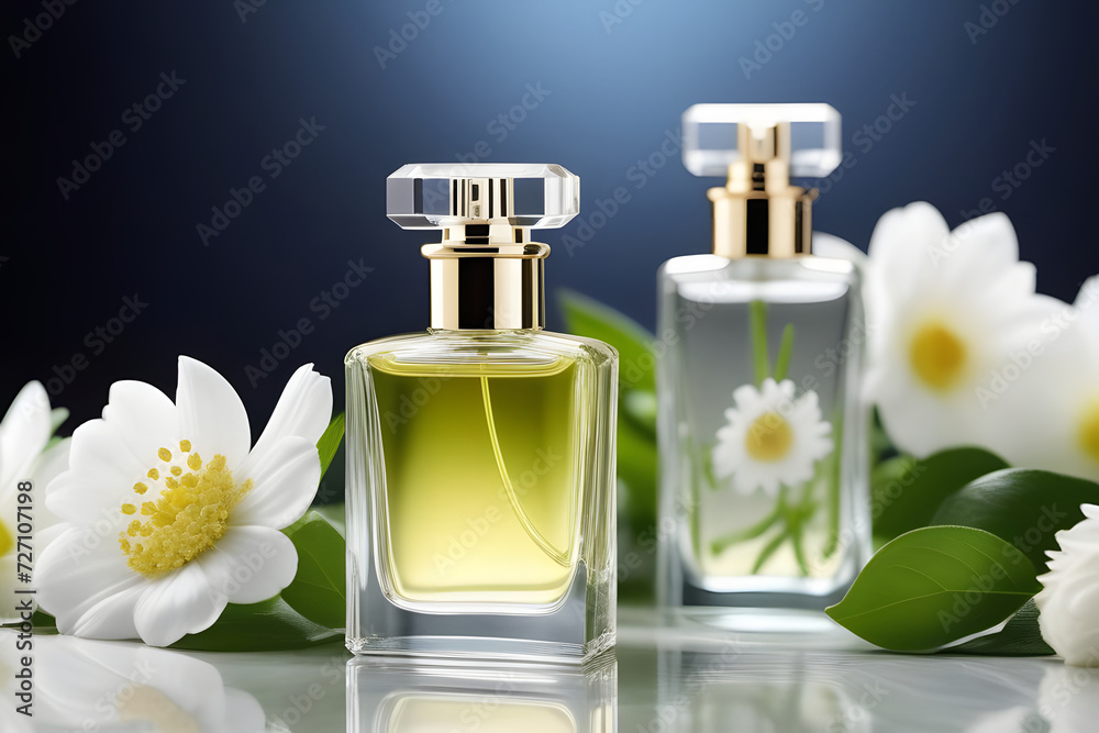 Two elegant perfume bottles with white flowers on a blue background. Two elegant perfume bottles with white flowers on a blue background.