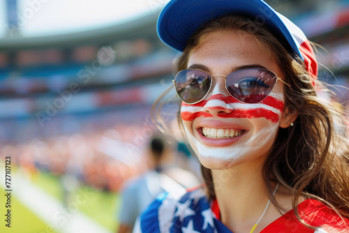 Happy beautiful American woman supporter with face painted in America flag colors, red and white, at a sports event