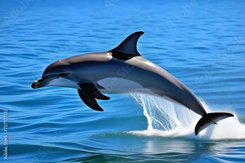 A bottlenose dolphin jumps out of the water in a beautiful display of grace and agility.