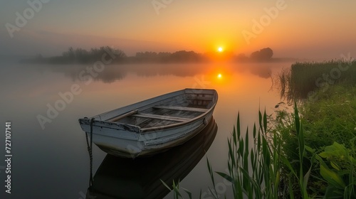 Tranquil dawn with serene reflections of a wooden boat on a calm lake, embracing nature s peace.