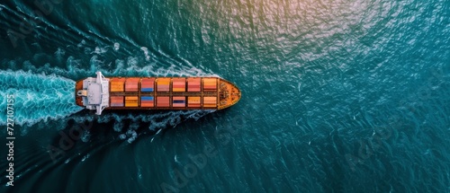 Aerial view of a cargo ship with colorful containers, sailing on a deep blue sea, creating white waves with copy space.