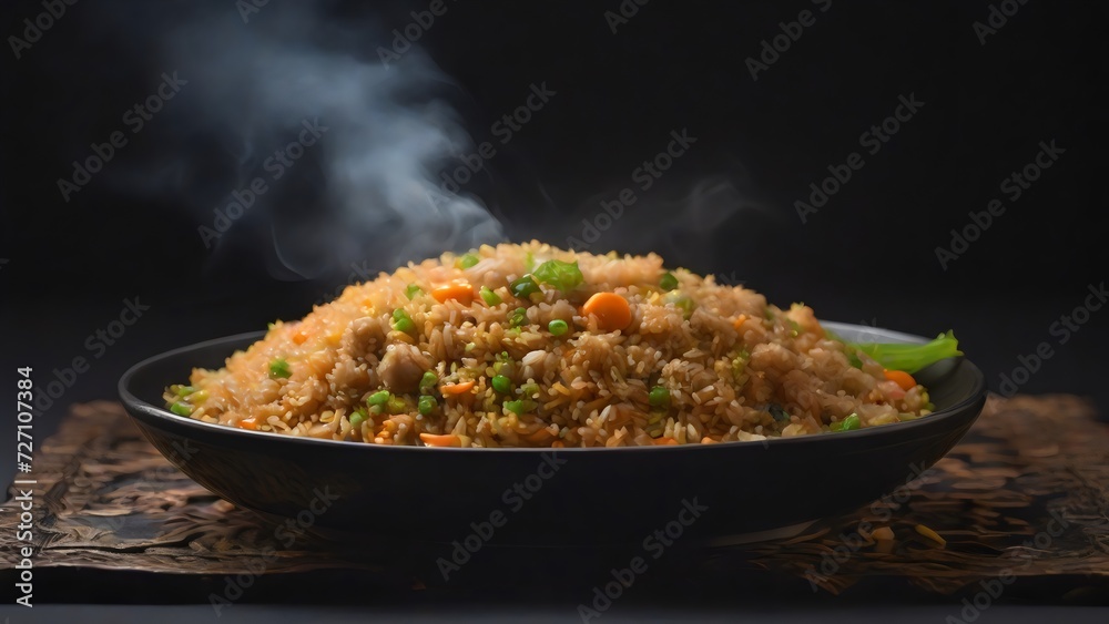 Fried rice with steam or smoke isolated on black background. delicious asian or korean or chinese or japanese food with vegetables. Fried rice with steam or smoke isolated on black background. delicious asian or korean or chinese or japanese food with vegetables.