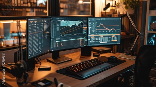 Computer monitors, laptop with trader charts on the desk. Trader workplace concept